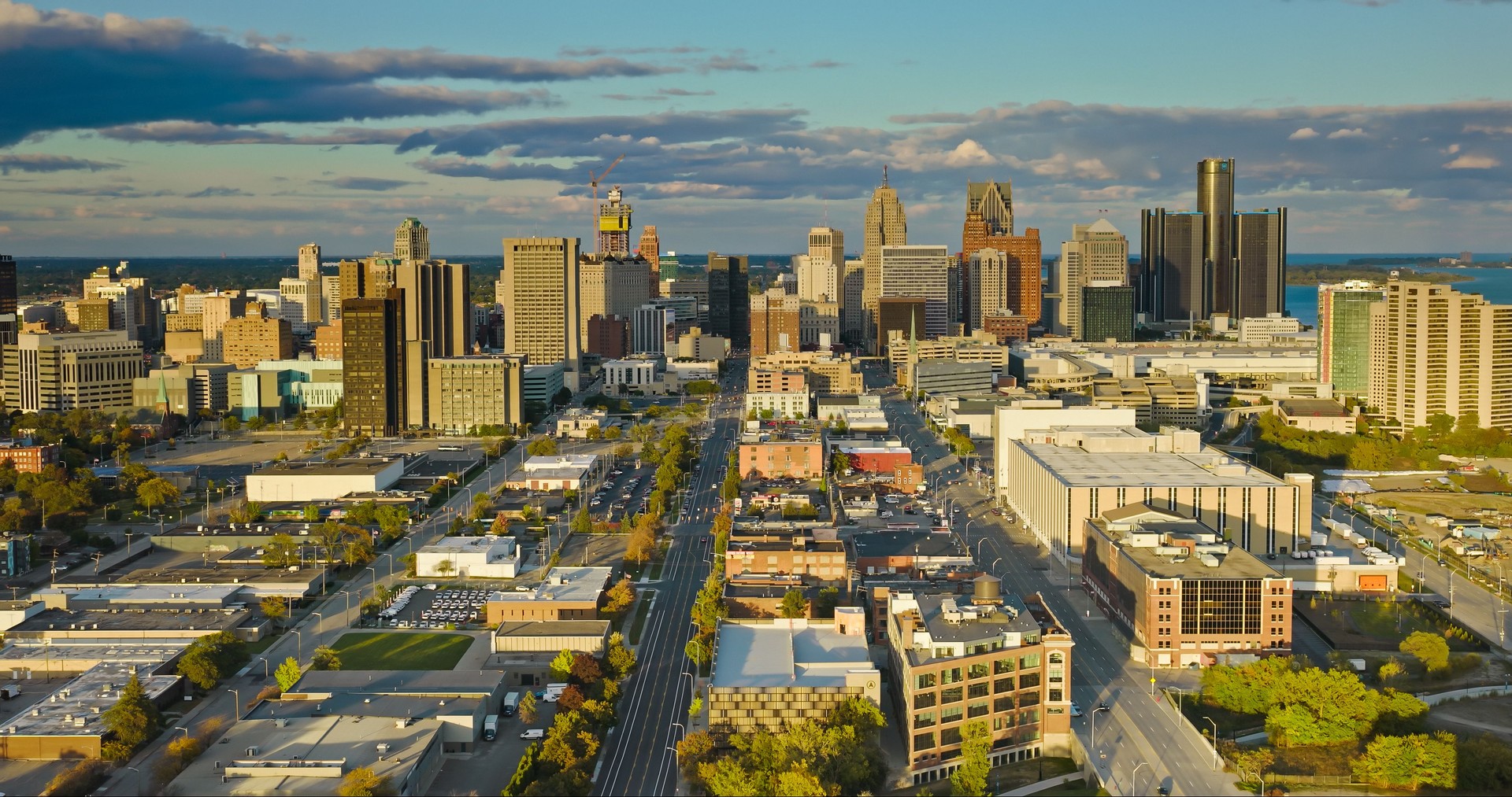 Drone Shot of Detroit Skyline at Sunset